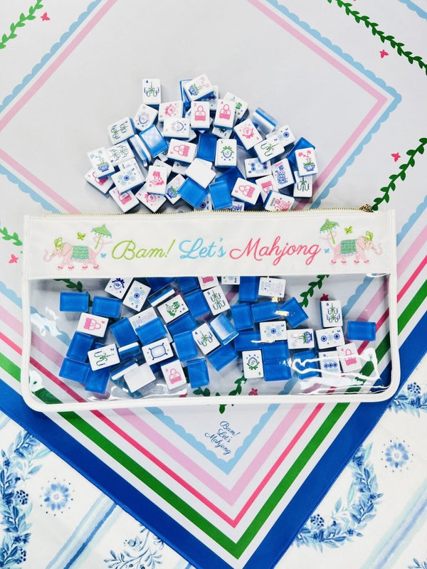 Clear Zipper Embroidered Bag with Blue Tiles on Bight Mat
