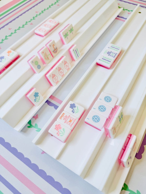 White Acrylic Double Mahjong Racks with Magnetic Pushers (Set of 2)